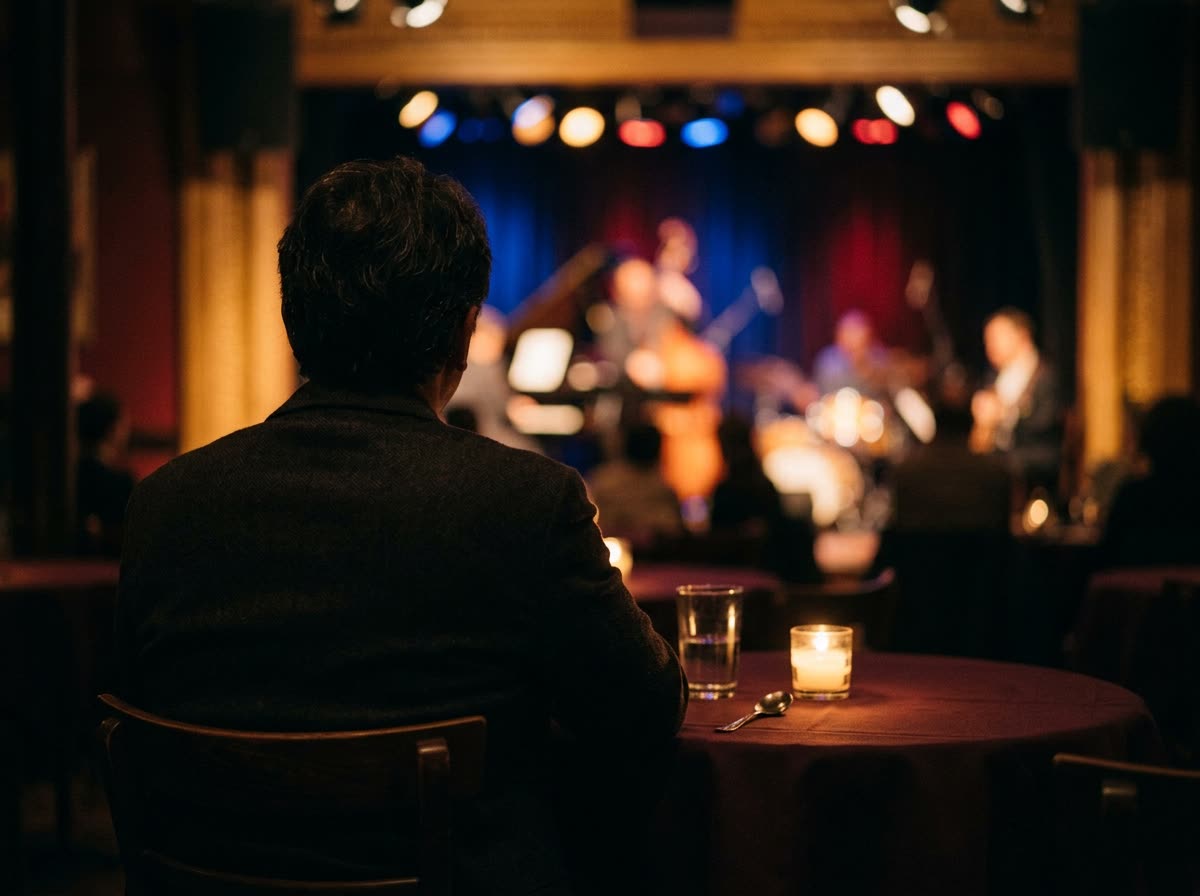 An audience member sits in silhouette at a candlelit table facing a lit stage.