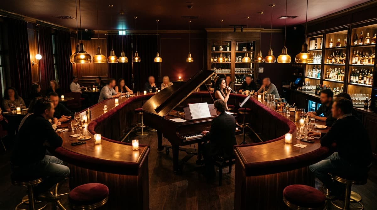 Wide view of a piano bar room with a piano ringed by a counter and stools under pendants.