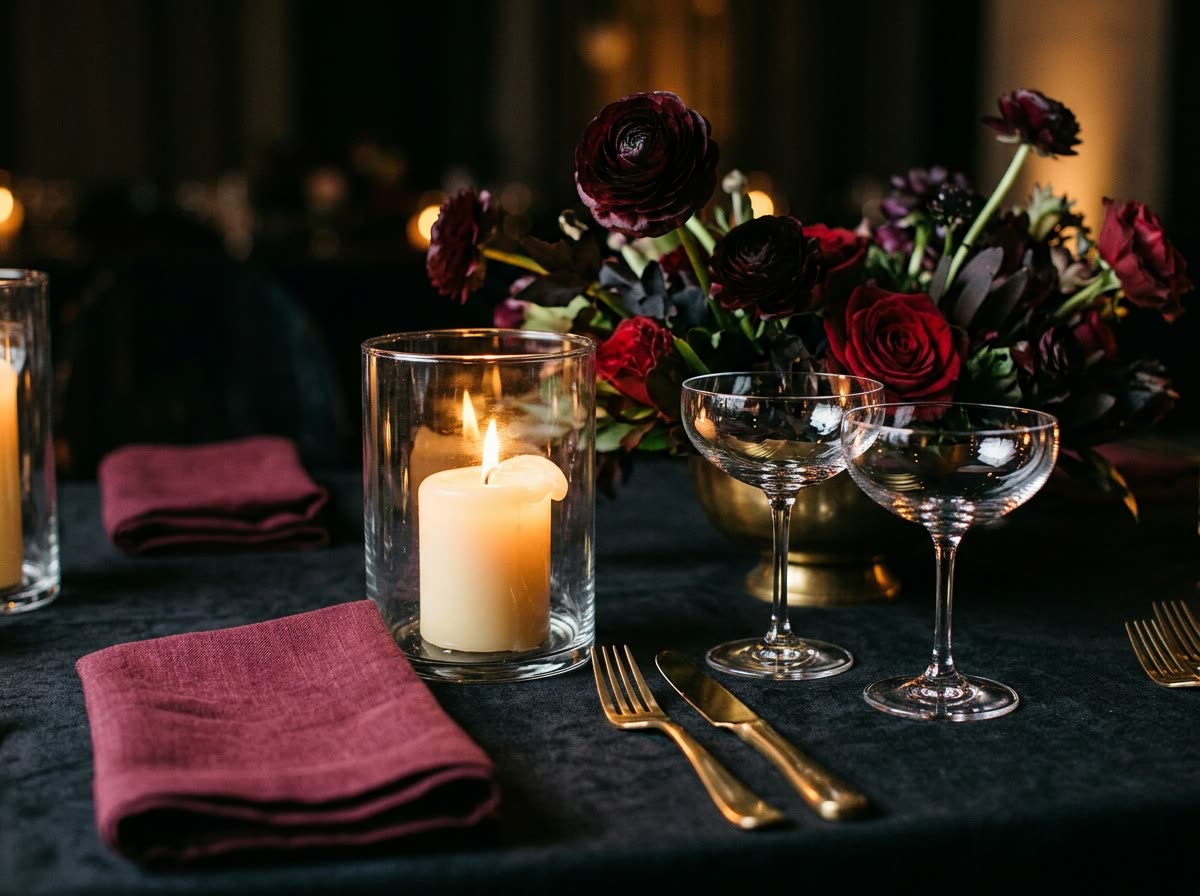 Close view of a table set with a candle, folded linen, coupe glasses and small flowers.